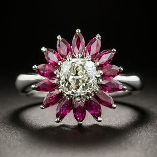 Estate 1.01 Carat Antique Cushion-Cut Diamond and Ruby Flower Ring - GIA - 3