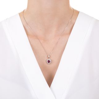 Estate 1.16 Carat Heart Shaped Ruby and Diamond Necklace
