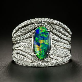 Estate 1.18 Carat Black Opal and Diamond Wide Band Ring - 3
