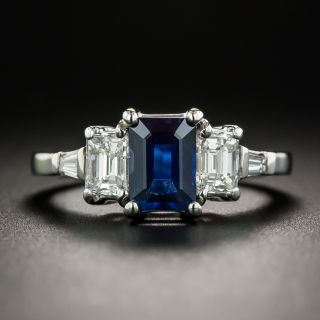 Estate 1.25 Carat Emerald-Cut Sapphire Platinum Diamond Ring  - 1