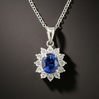 Estate 1.28 Carat Sapphire and Diamond Halo Drop Necklace - 3