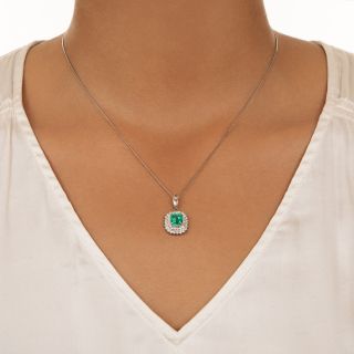 Estate 1.31 Carat Emerald Double Diamond Halo Pendant
