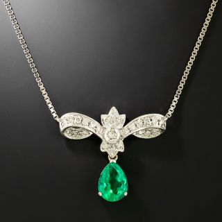 Estate 1.32 Carat Colombian Emerald Diamond Bow Necklace - GIA  - 3