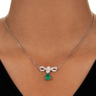 Estate 1.32 Carat Colombian Emerald Diamond Bow Necklace - GIA 