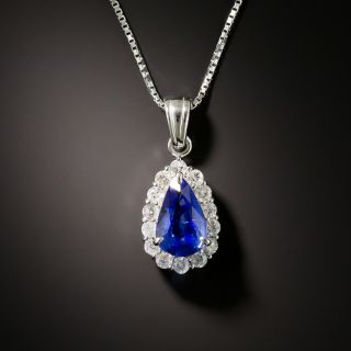 Estate 1.39 Carat Pear Shaped Sapphire and Diamond Halo Pendant - 3