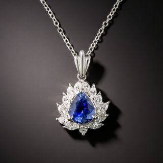 Estate 1.48 Carat Pear-Shaped Sapphire in Marquise and Round Diamond Halo Necklace - 1