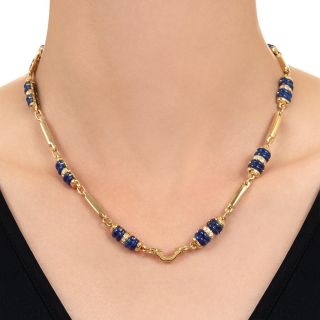 Estate 18K Carved Lapis Lazuli and Diamond Necklace, Italy