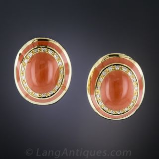 Estate 18K Coral and Diamond Earrings