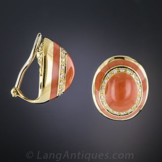 Estate 18K Coral and Diamond Earrings