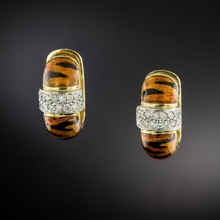 Estate 18K Diamond and Tiger Stripe Enamel Huggie Earrings by Soho - 4