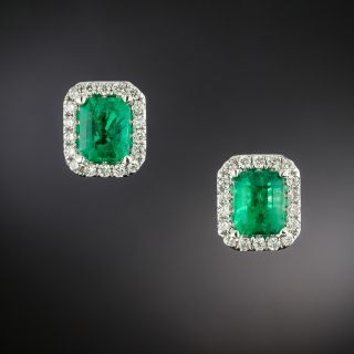 Estate 18K Emerald and Diamond Stud Earrings  - 3