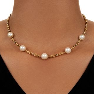 Estate 18K Fancy Link Pearl Necklace