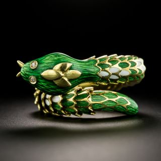 Estate 18K Flexible Enamel Snake Ring, Size 5 1/2- - 2