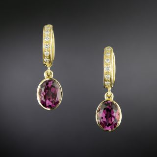 Estate 18K, Garnet And Diamond Hoop Earrings - 2
