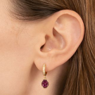 Estate 18K, Garnet And Diamond Hoop Earrings