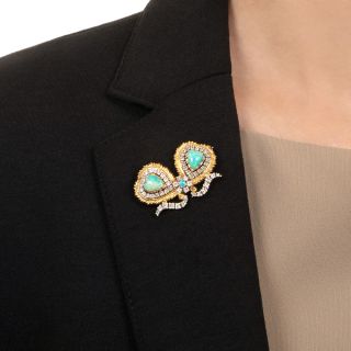Estate 18K Opal and Diamond Hearts Brooch
