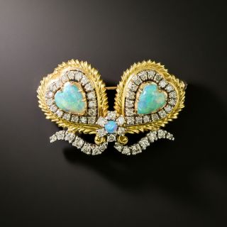 Estate 18K Opal and Diamond Hearts Brooch - 2