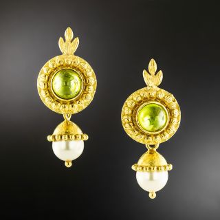 Estate 18K Peridot and Pearl Convertible Drop Earrings  - 2