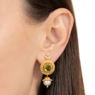 Estate 18K Peridot and Pearl Convertible Drop Earrings 