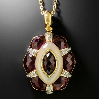 Estate 18K Rhodolite Garnet, Mother-of-Pearl and Diamond Pendant - 3