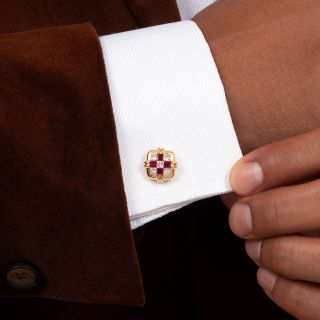 Estate 18K Ruby and Diamond Checkerboard Cuff Links