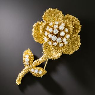 Estate 18K Textured Diamond Flower Brooch - 3