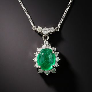 Estate 2.40 Carat Cabochon Emerald Platinum Diamond Pendant - 2