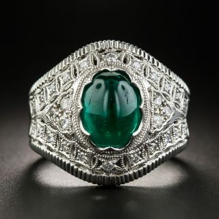 Estate 2.48 Carat Cabochon Emerald and Diamond Ring  - 1