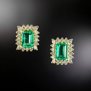 Estate 2.60 Carat Emerald and Diamond Halo Earrings - GIA F1 - 2