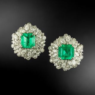 Estate 3.29 Carat Colombian Emerald and Diamond Halo Earrings - GIA F1/F2 - 2