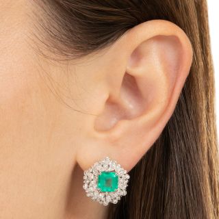Estate 3.29 Carat Colombian Emerald and Diamond Halo Earrings - GIA F1/F2