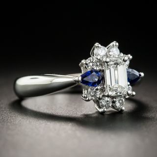 Estate .41 Carat Emerald-Cut Diamond Sapphire Platinum Ring