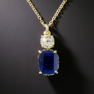 Estate 5.60 Carat No-Heat Sapphire and Diamond 18K Drop Necklace - GIA Sri Lanka - 2