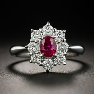 Estate .66 Carat Ruby Platinum Diamond Halo Ring - 1