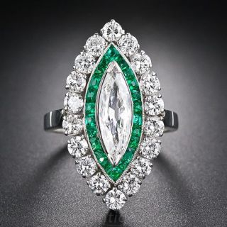Estate .95 Carat Marquise Diamond and Emerald Platinum Ring