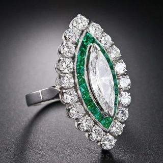 Estate .95 Carat Marquise Diamond and Emerald Platinum Ring