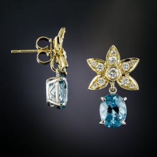 Estate Aquamarine and Diamond Flower Earrings - 1