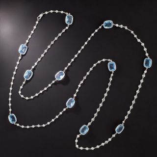 Estate Aquamarine and Diamond Long Platinum Chain - 1