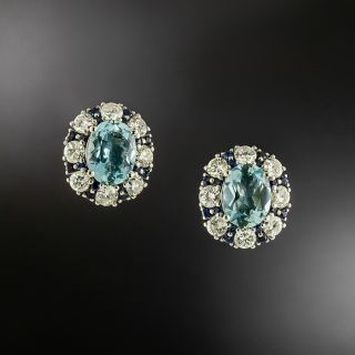 Estate Aquamarine, Diamond and Sapphire Stud Earrings - 2