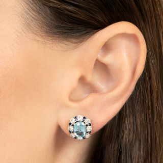 Estate Aquamarine, Diamond and Sapphire Stud Earrings