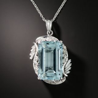 Estate Aquamarine Platinum Diamond Pendant Necklace - 1