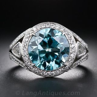 Estate Blue Zircon, Platinum and Diamond Ring - 2