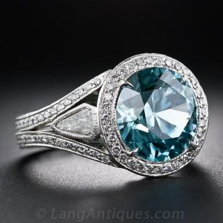 Estate Blue Zircon, Platinum and Diamond Ring