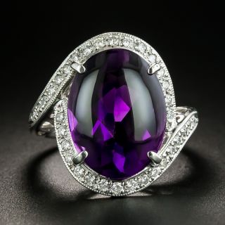 Estate Buff Top Amethyst and Diamond Ring - 2