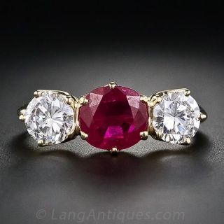 Estate Burmese Ruby and Diamond Three-Stone Ring - 4