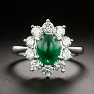 Estate Cabochon Emerald and Diamond Cluster Ring - GIA - 4