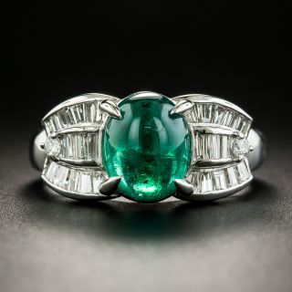 Estate Cabochon Emerald Platinum Diamond Ring - 1