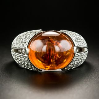 Estate Cabochon Orange Garnet and Diamond Ring - 1