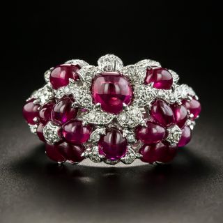 Estate Cabochon Ruby and Diamond Flower Ring - 2
