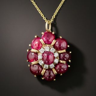 Estate Cabochon Ruby and Diamond Pendant Necklace - 3